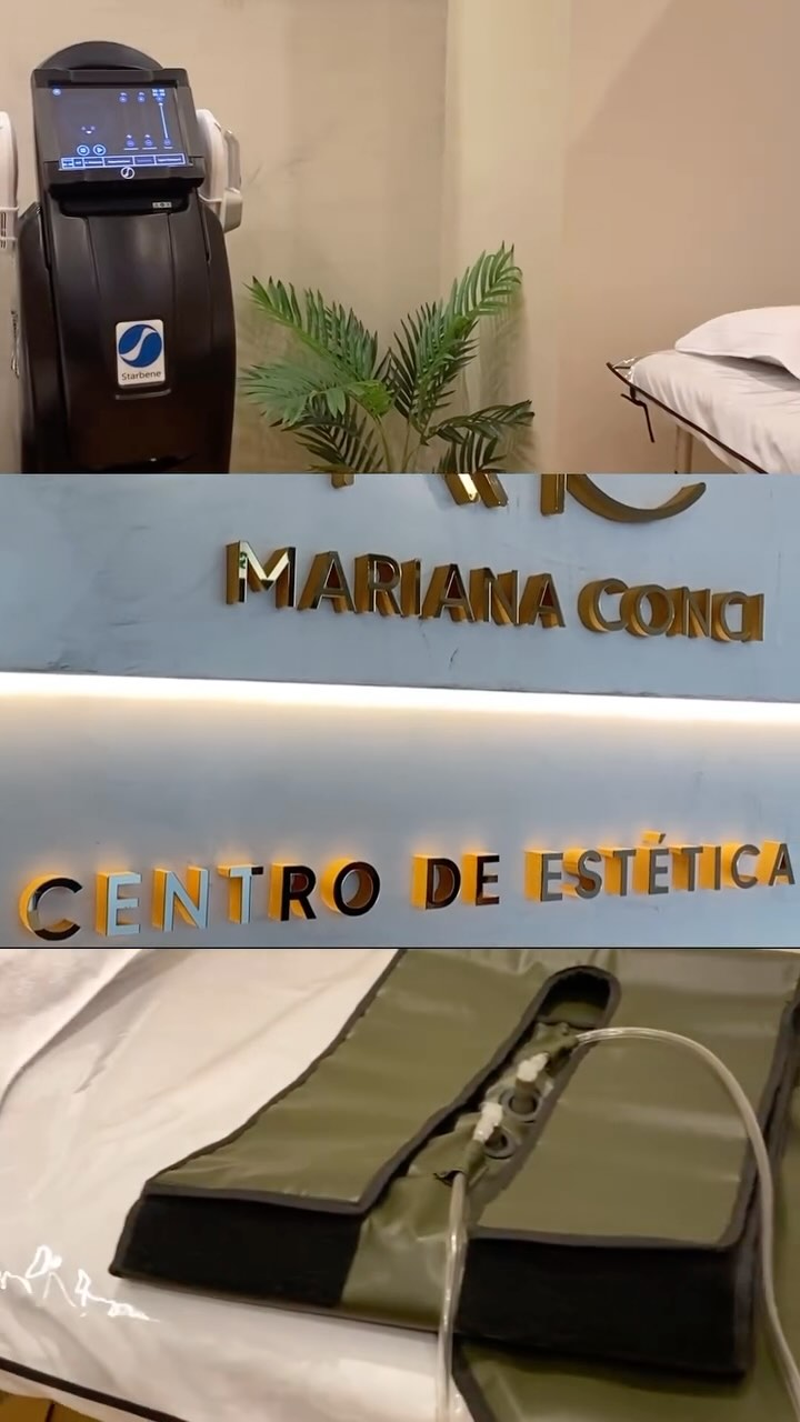 Tres escenas del centro: un equipo Starbene junto a una planta y la camilla, las letras doradas Mariana Conci Centro de Estética en la pared, y las botas de presoterapia sobre la camilla