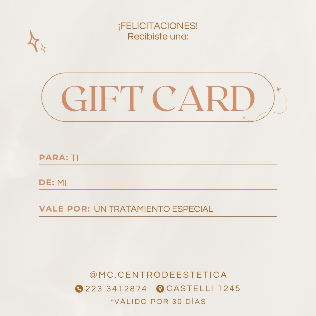Gift card de Mariana Conci: ¡Felicitaciones! Recibiste una gift card. Vale por: un tratamiento especial